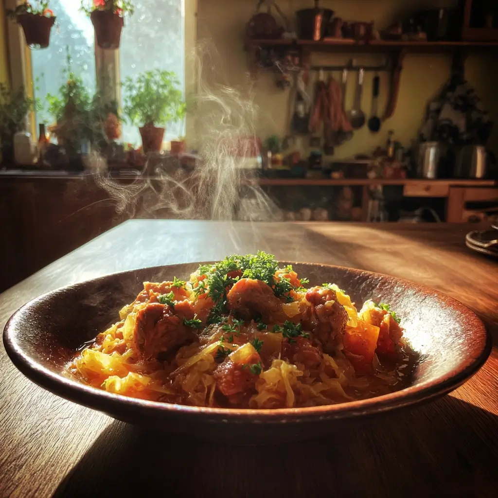 Ein Teller mit Szegediner Gulasch Rezept Original, serviert mit Sauerkraut und Kartoffeln, auf rustikalem Holztisch in warmem Licht.