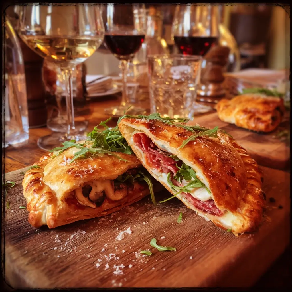 Goldbraune pizza calzone auf Holzbrett mit Tomatensauce und Basilikum.