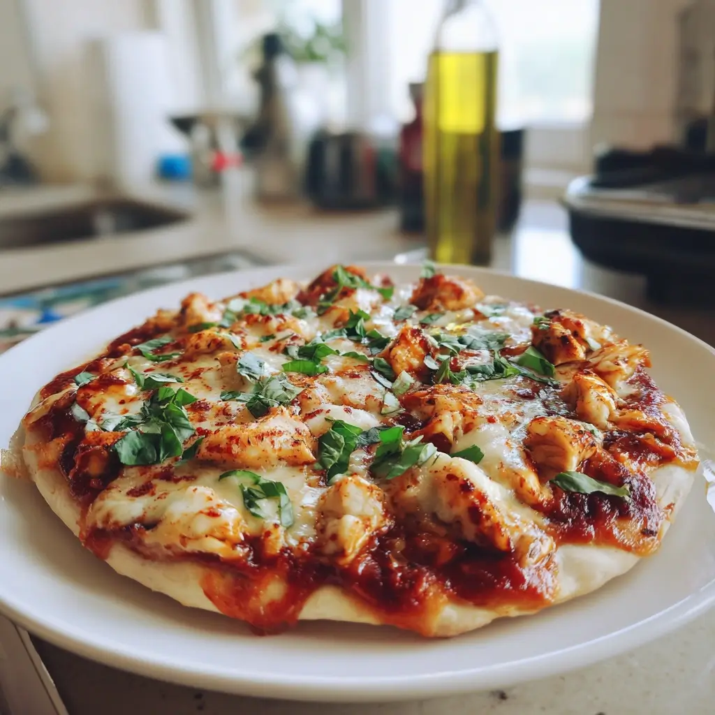 Frisch gebackene protein pizza mit Hähnchen, Mozzarella und Rucola auf Holzbrett, perfekt für gesunde Ernährung.