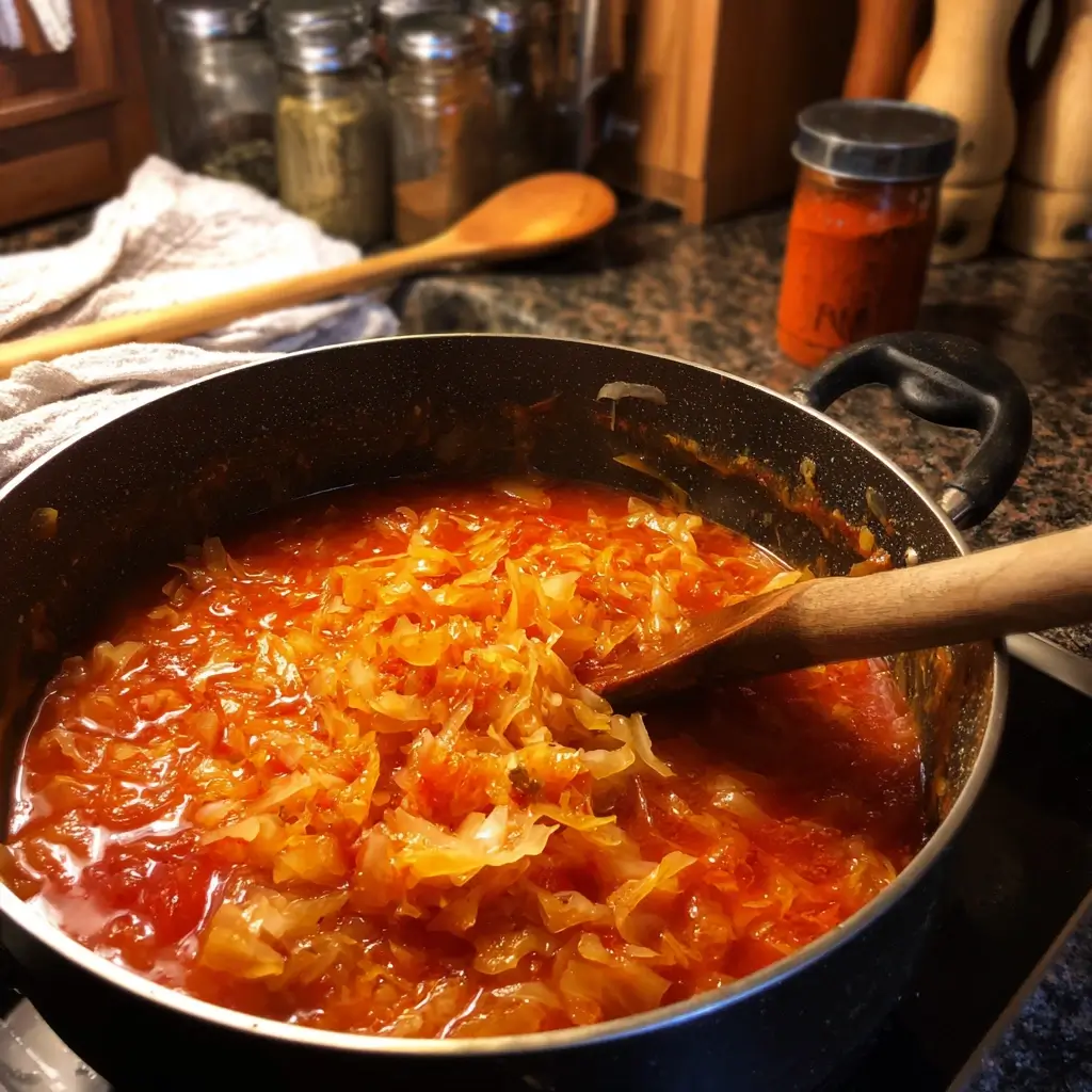 Sauerkraut wird in köchelndes Rezept Szegediner Gulasch eingerührt
