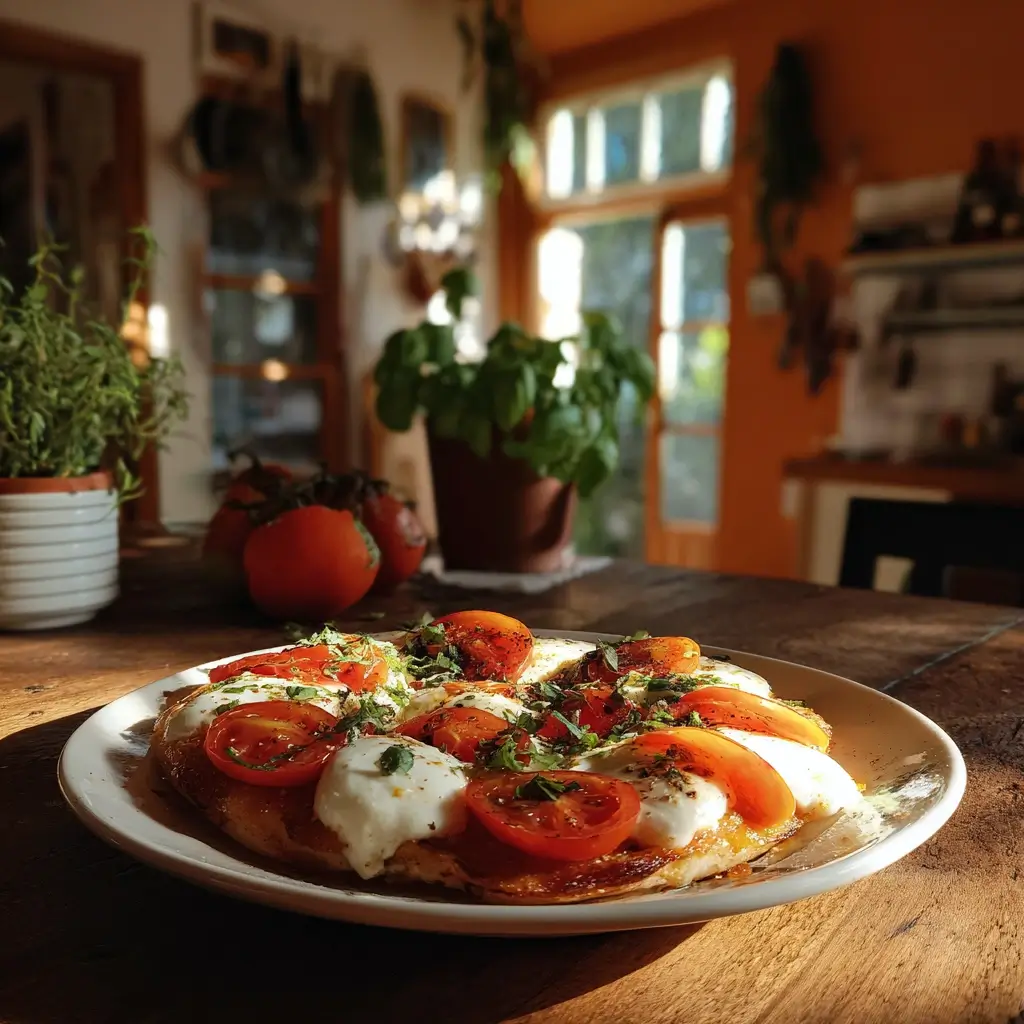 Pizza Caprese Rezept mit frischen Tomaten, Mozzarella und Basilikum auf knusprigem Teig, perfekt fotografiert für ein authentisches italienisches Erlebnis.