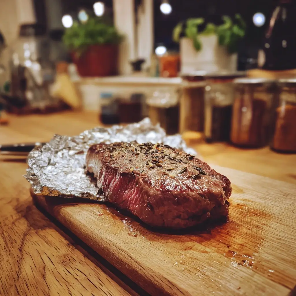 Sirloin steak ruht auf Holzbrett mit Alufolie abgedeckt