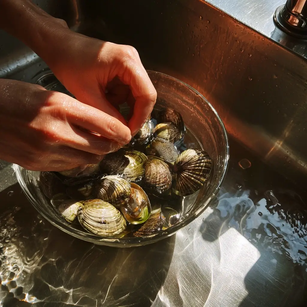 Venusmuscheln für Spaghetti Vongole werden in Salzwasser gereinigt