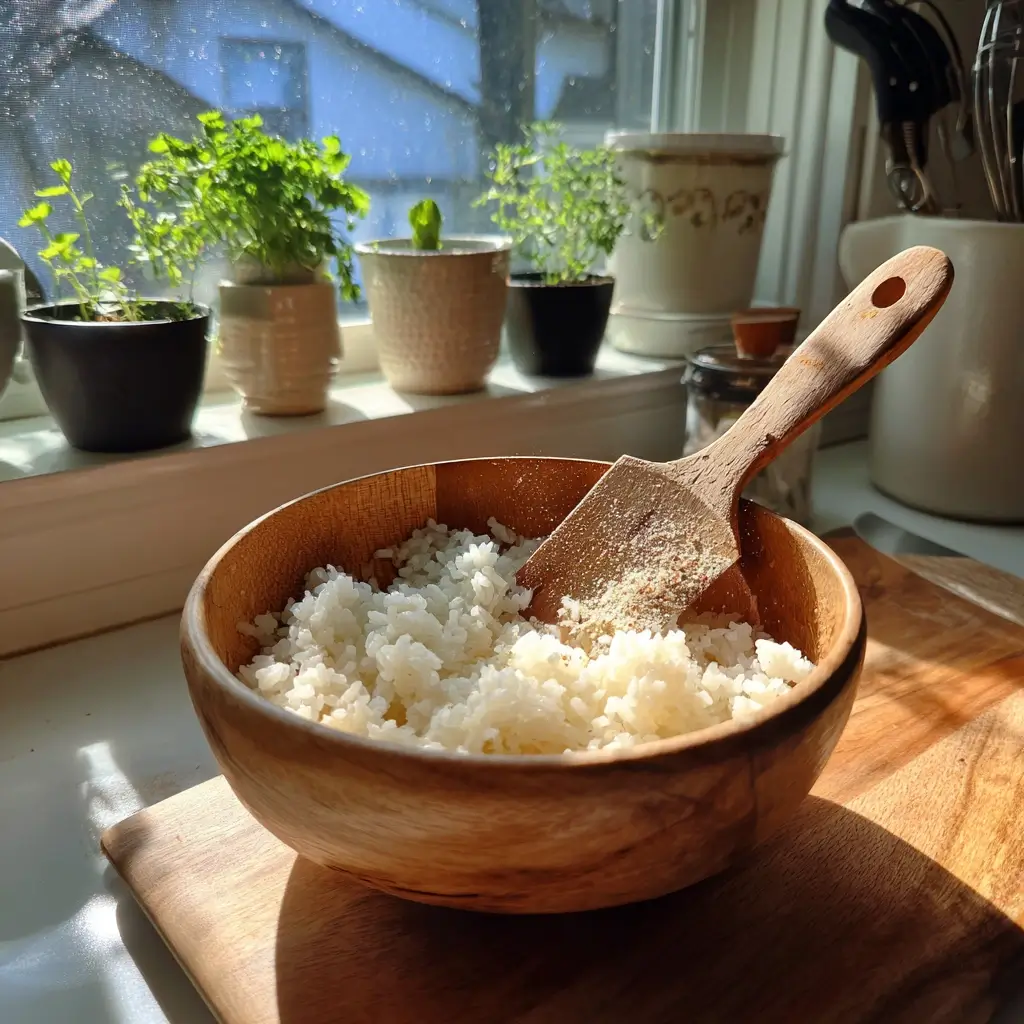 Sushi Reis wird frisch zubereitet und mit Essig gemischt