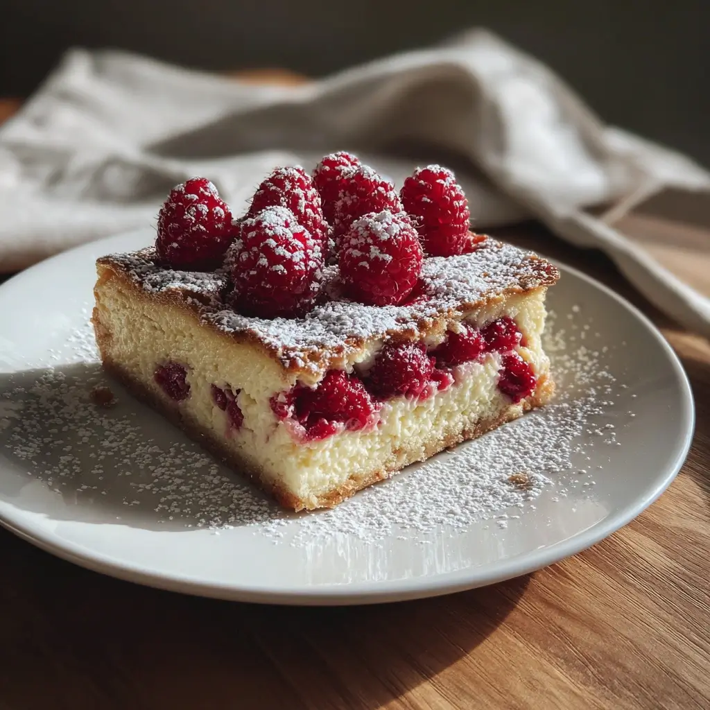 Stück San Sebastian Cheesecake mit Himbeeren und Puderzucker garniert.