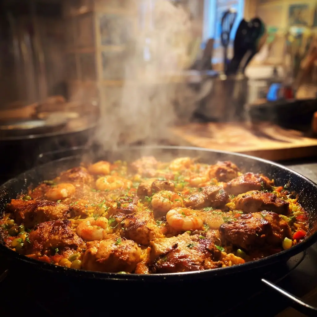 Fleisch und Garnelen braten in einer Paella Pfanne mit Olivenöl