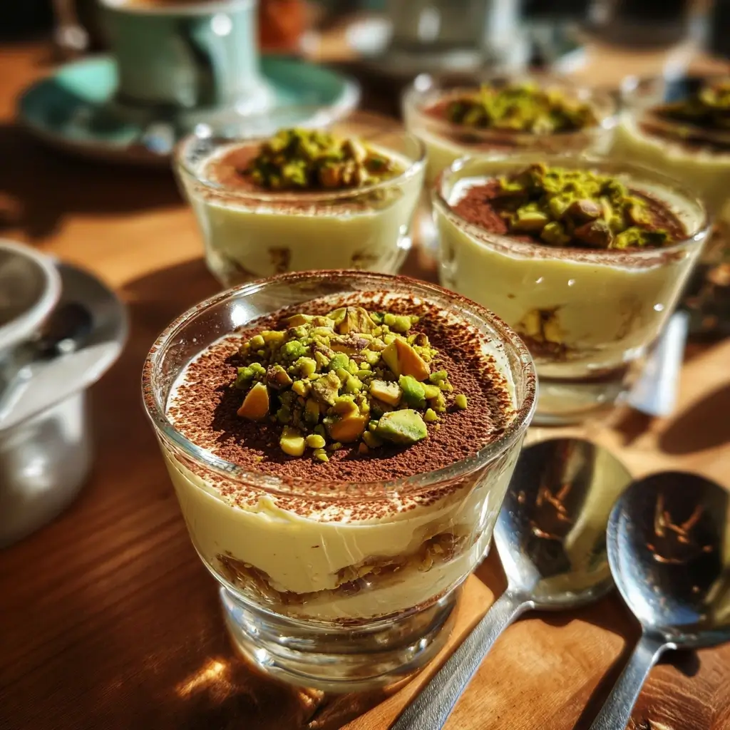 Pistazien Tiramisu im Glas mit Pistazienstückchen und Kakao bestreut.