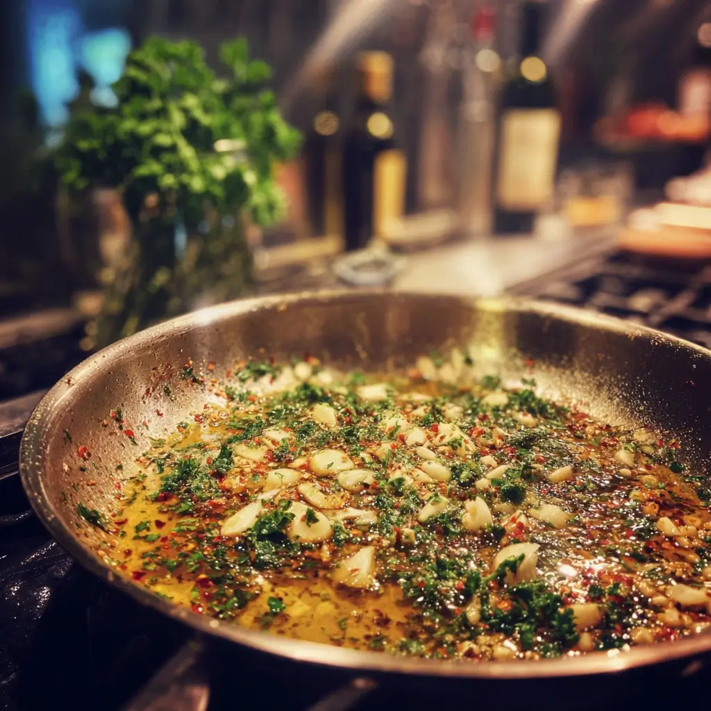 Knoblauch und Chili werden in Olivenöl angebraten für Spaghetti Vongole
