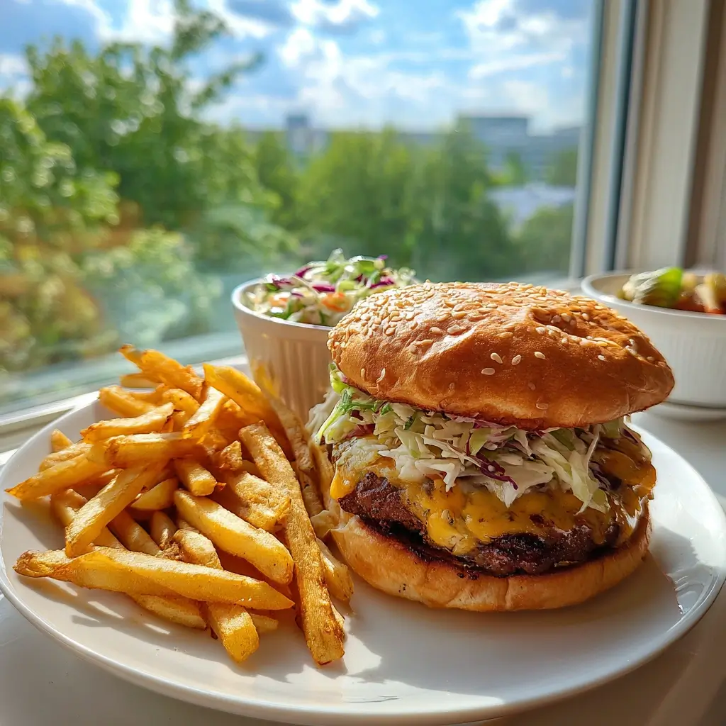 Smashed burger mit Pommes und Coleslaw auf weißem Teller serviert