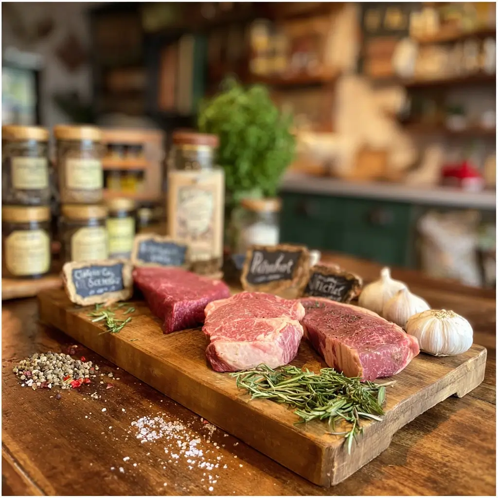 Verschiedene Rindfleischsorten zum steak braten, roh auf einem Holzbrett mit Kräutern.