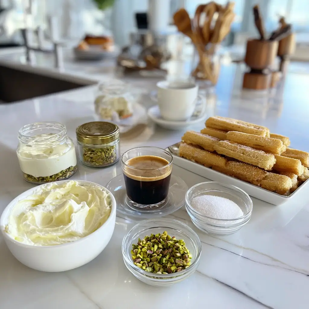 Zutaten für Pistazien Tiramisu wie Mascarpone, Löffelbiskuits, Espresso und Pistaziencreme auf Küchentisch.