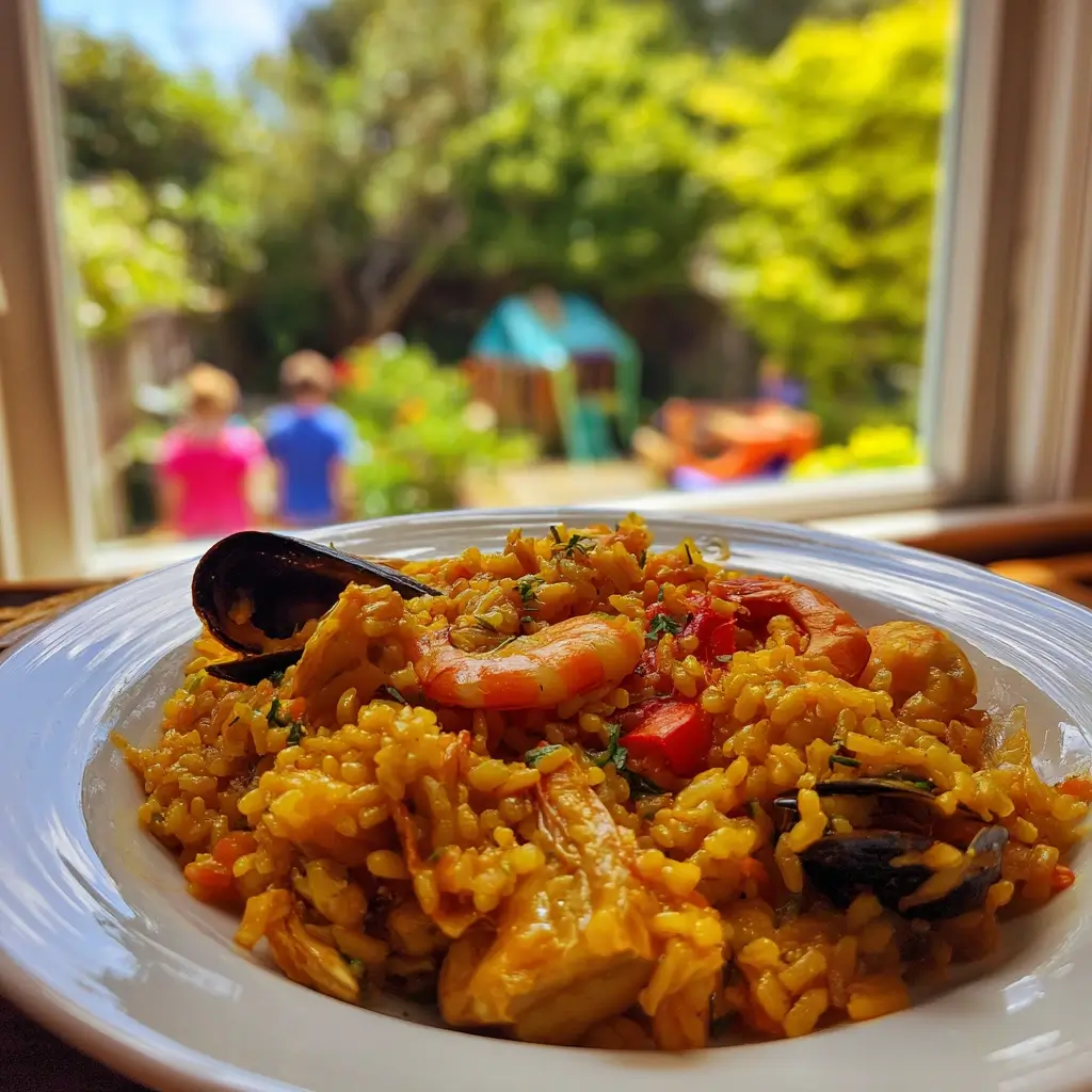 Paella Portion mit Reis, Huhn, Garnelen und Muscheln auf Teller