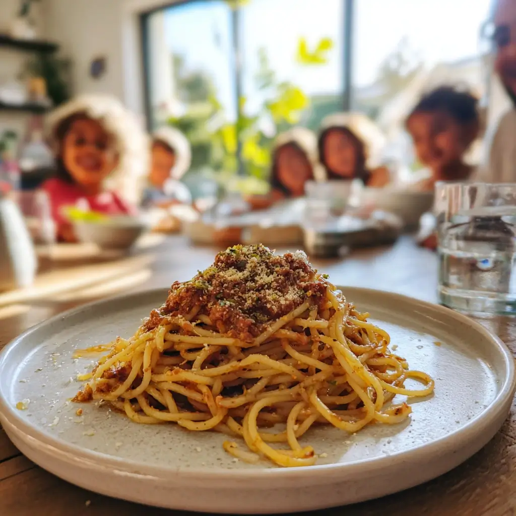 spaghetti eis serviert auf familientisch mit kindern im hintergrund