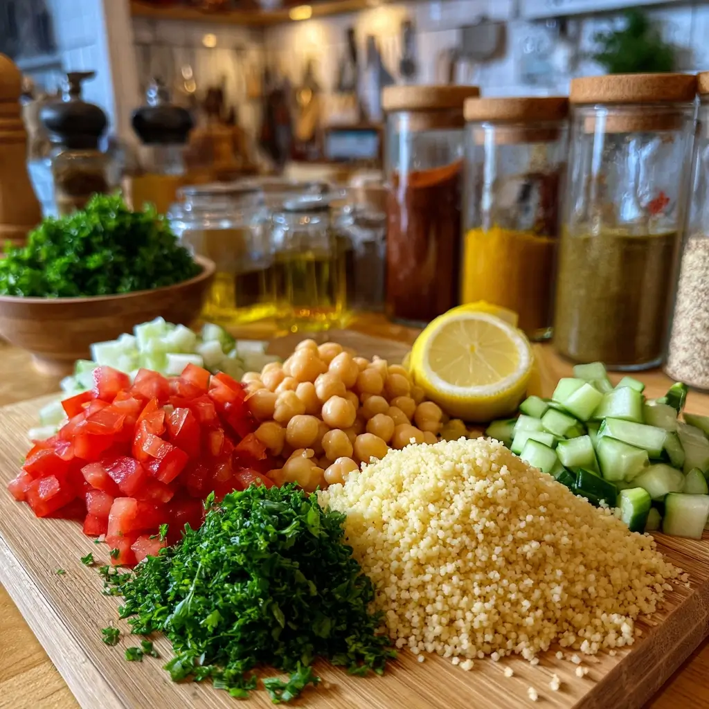 Zutaten für Couscous glutenfrei auf einem Holztisch angerichtet