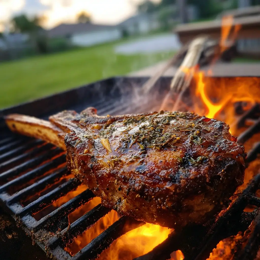 tomahawk steak auf grill mit flammen und rauch beim anbraten
