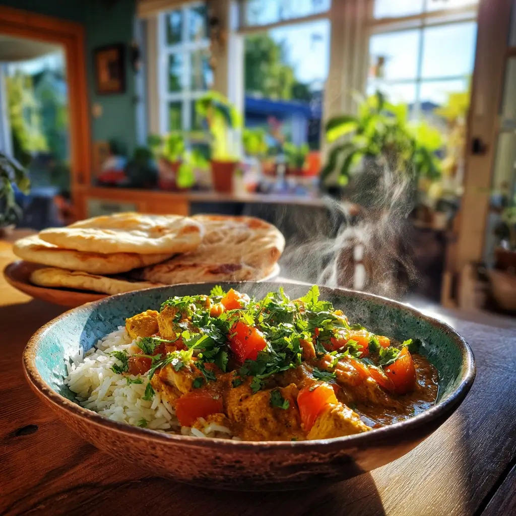 Curry Rezept mit cremigem Hähnchen in Kokosmilchsauce serviert mit Reis und Naan Brot.