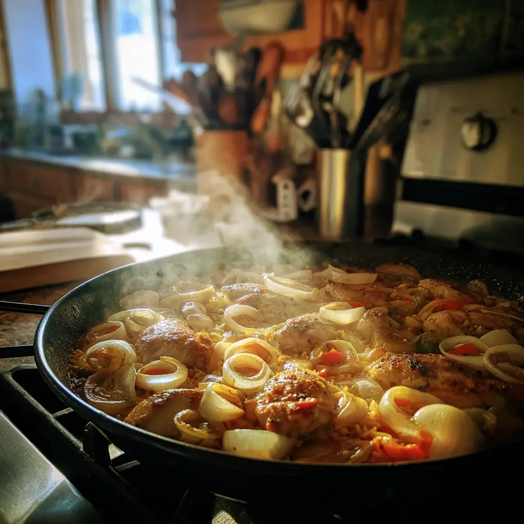 Paella Pfanne mit angebratenem Huhn, Zwiebeln und Paprika