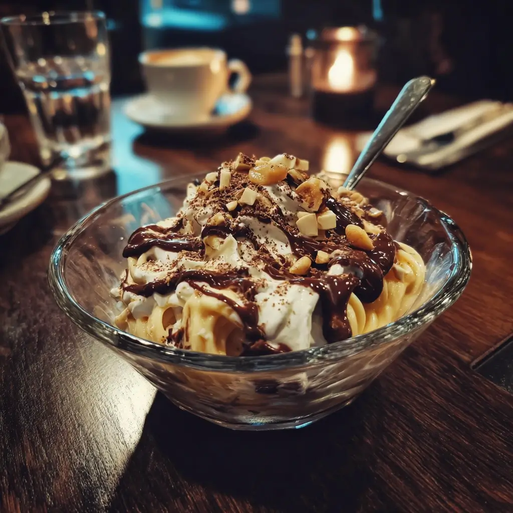 spaghetti eis mit geriebener weißer schokolade wie parmesan
