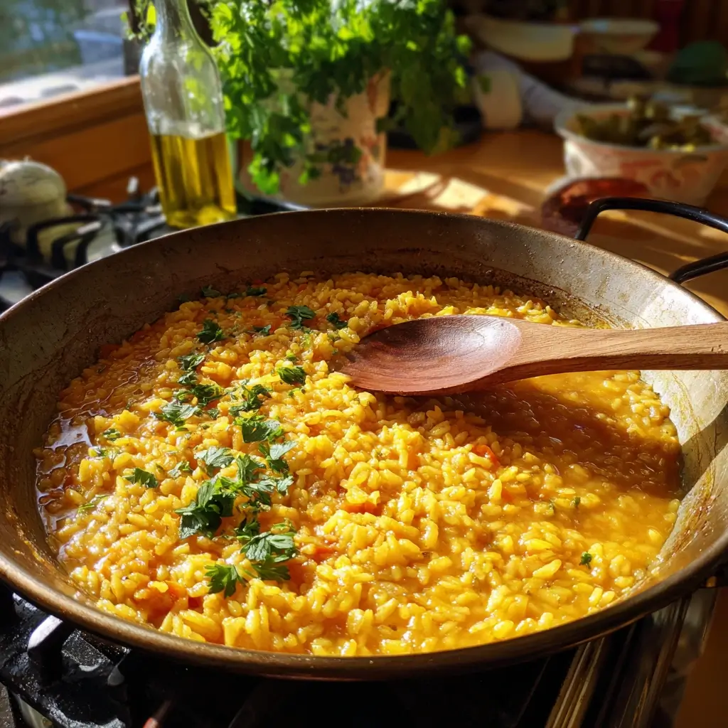 Paella Rezept mit goldgelbem Safranreis beim Kochen in Brühe