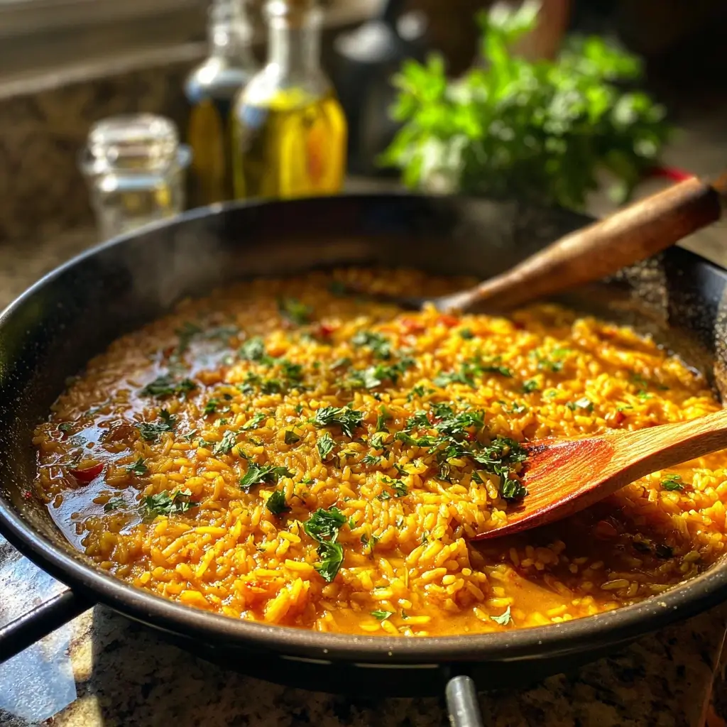 Paella Reis mit Safran und Brühe in der Pfanne