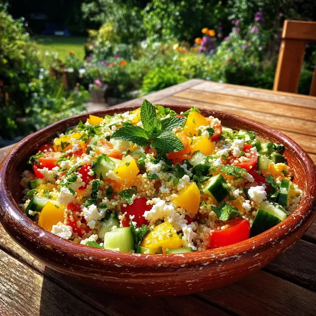 Couscous salat in Gläsern für Picknick im Park serviert