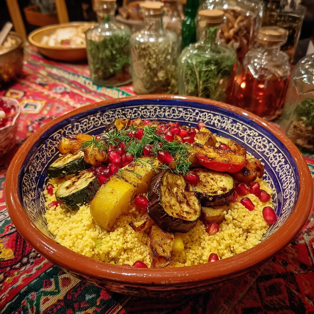 Couscous glutenfrei orientalisch mit gegrilltem Gemüse und Granatapfelkernen