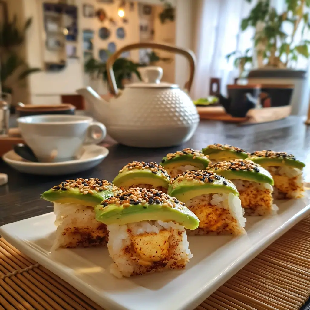 Vegetarische sushi nigiri mit Avocado und Omelett