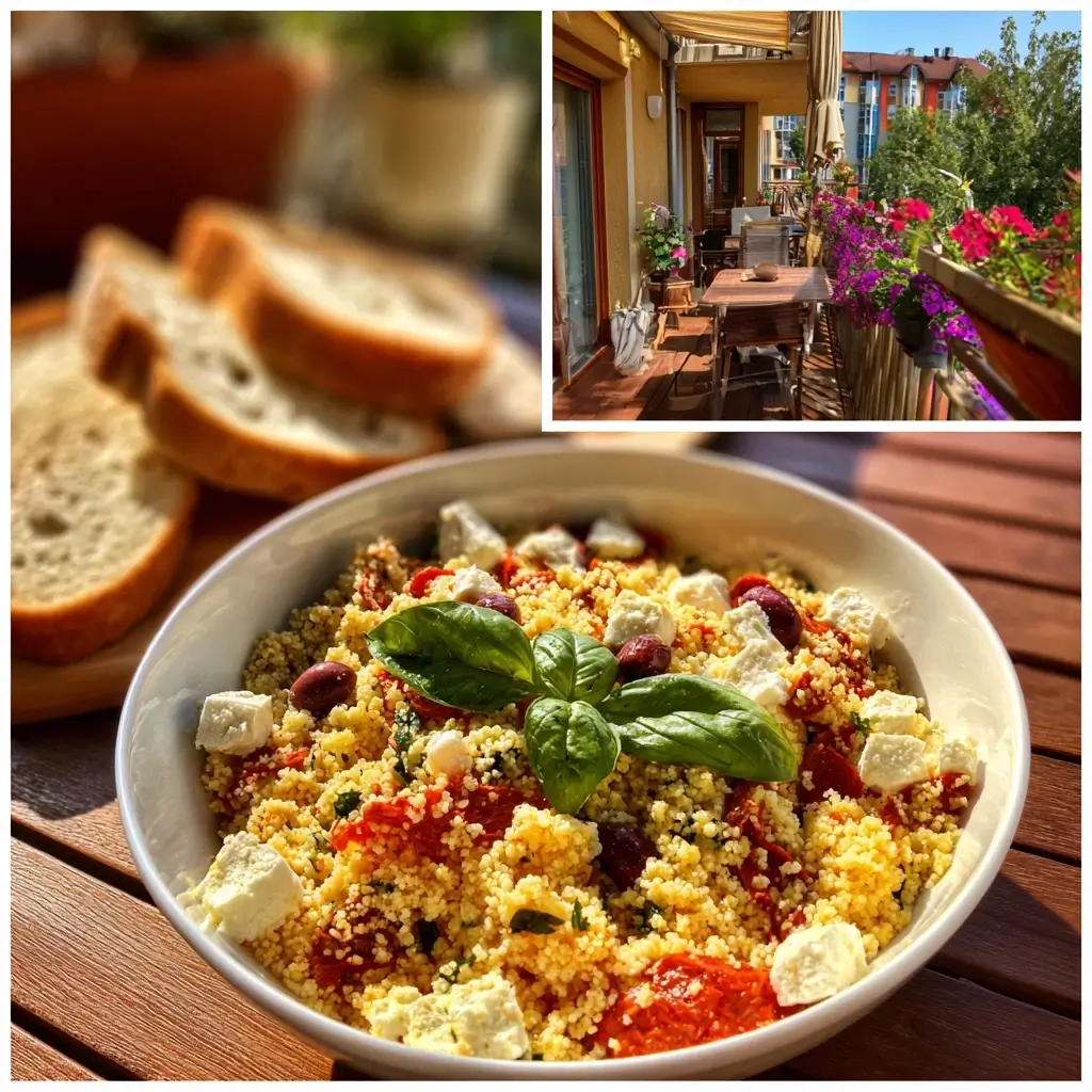 Couscous salat in Schüssel mit Holzlöffel vermengt