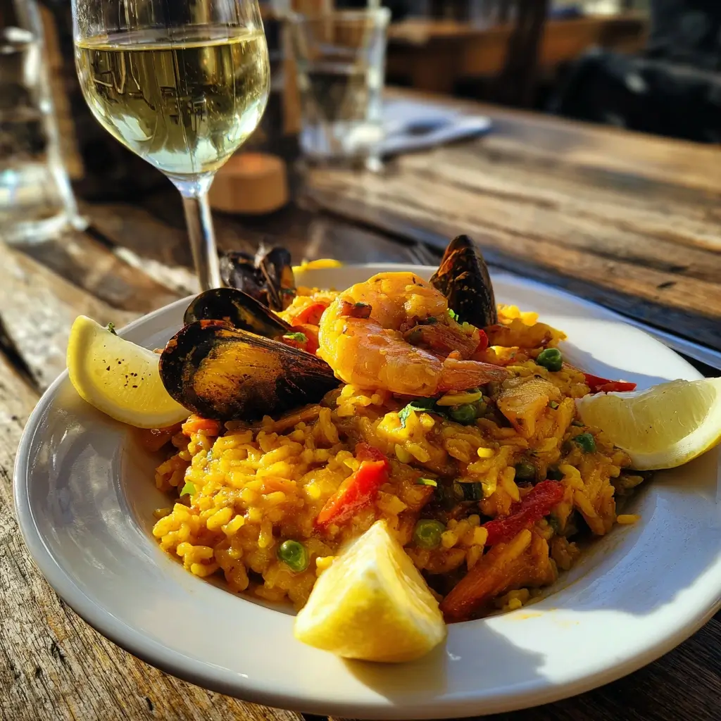 Portion aus Paella Pfanne serviert auf weißem Teller mit Zitrone
