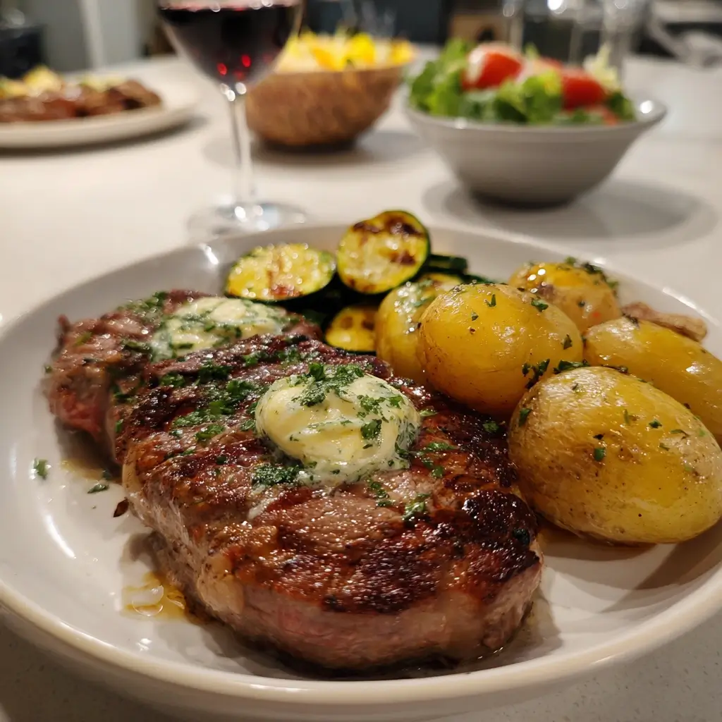 Serviertes Steak braten mit Ofenkartoffeln, Zucchini und Kräuterbutter auf einem Teller.