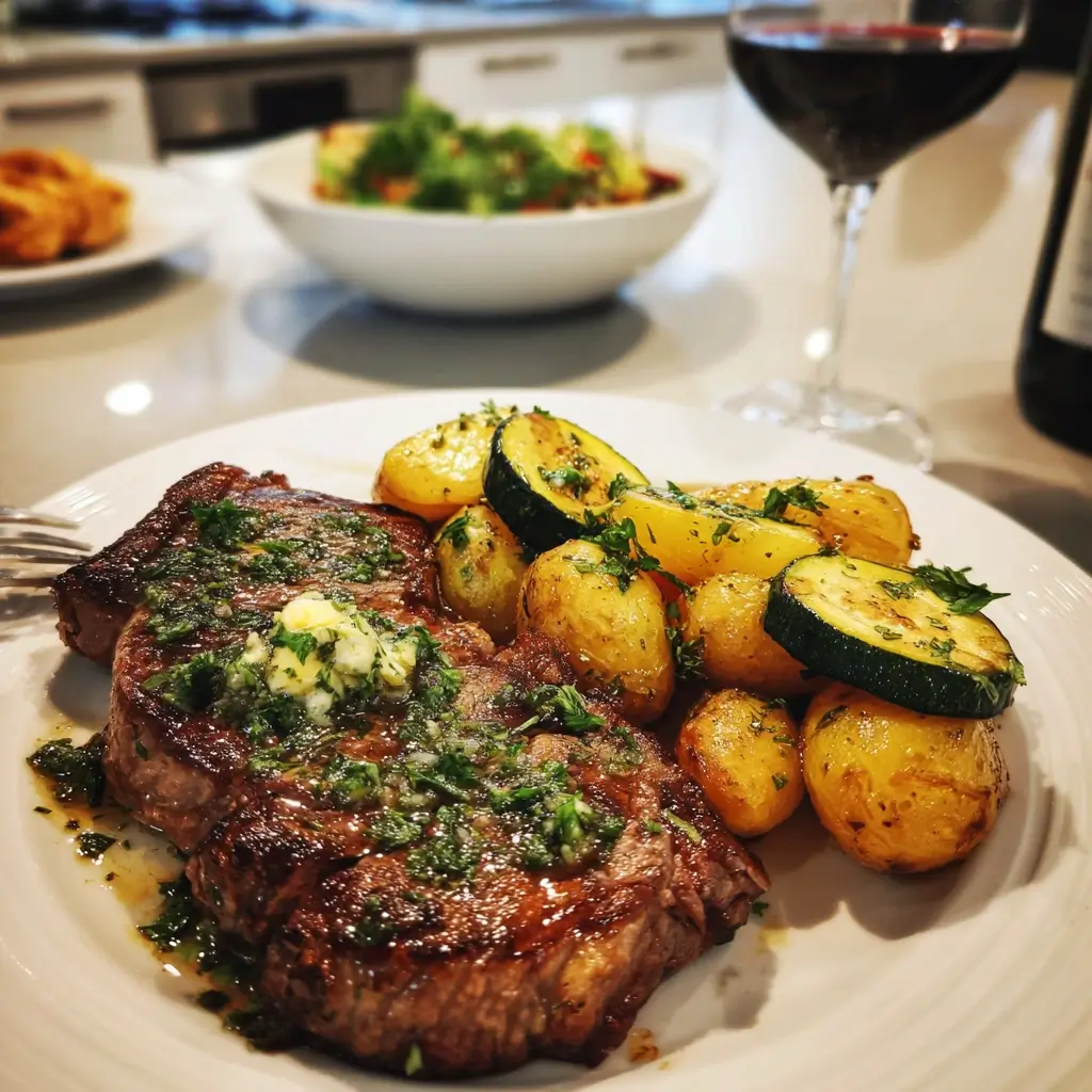 Familie genießt gemeinsam ein Abendessen nach dem steak braten.