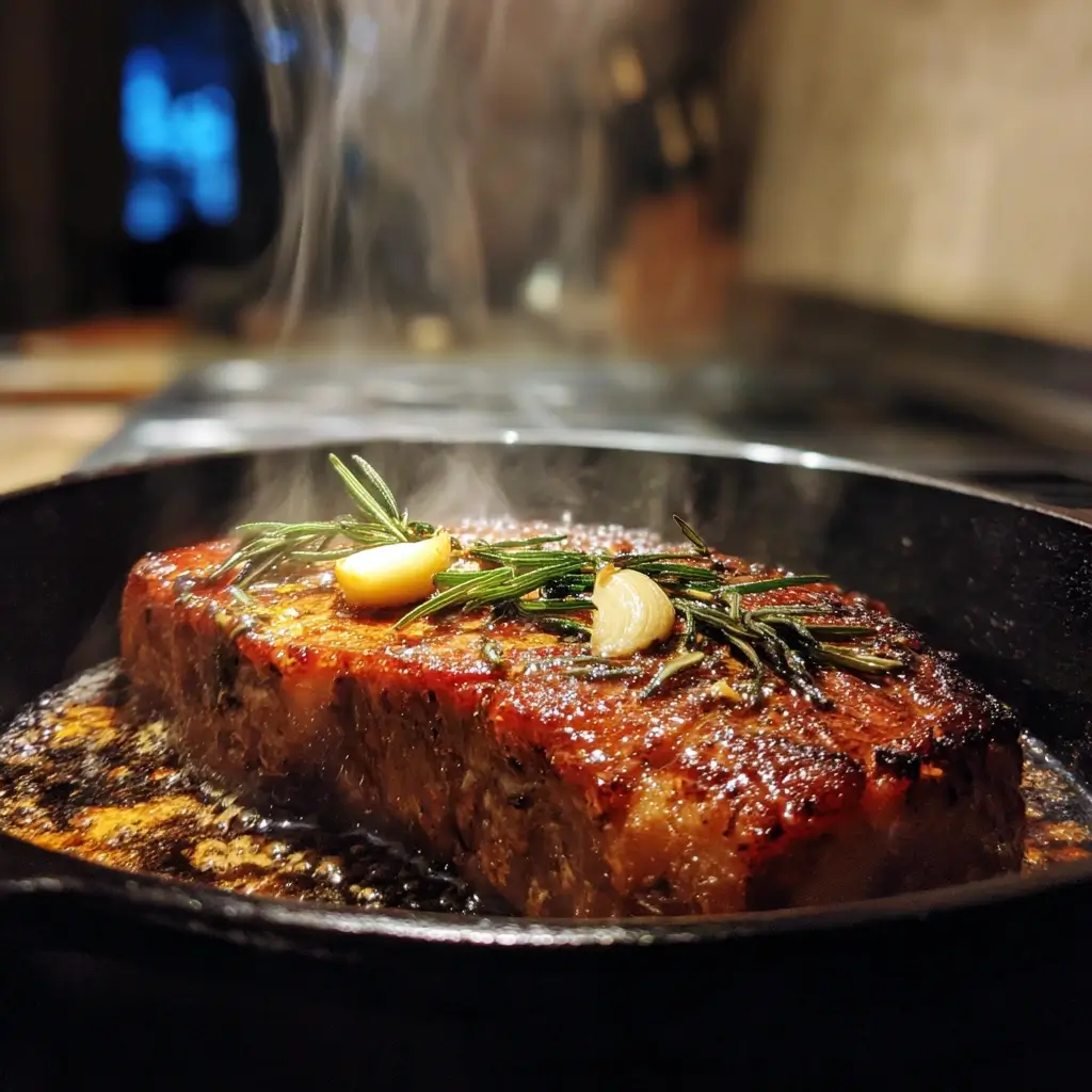 Steak in gusseiserner Pfanne mit Butter, Knoblauch und Rosmarin