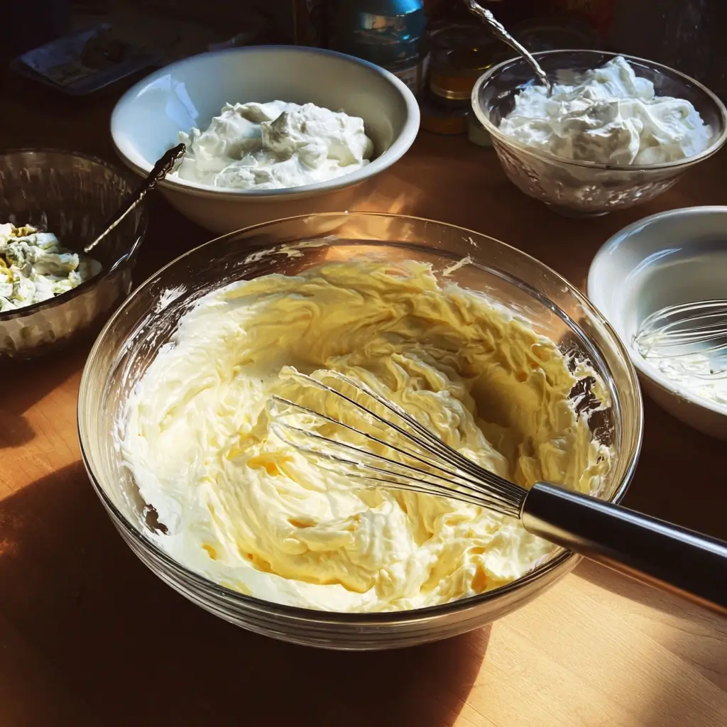 Pistazien Tiramisu Creme aus Mascarpone, Zucker und Pistaziencreme in Schüssel zubereitet.