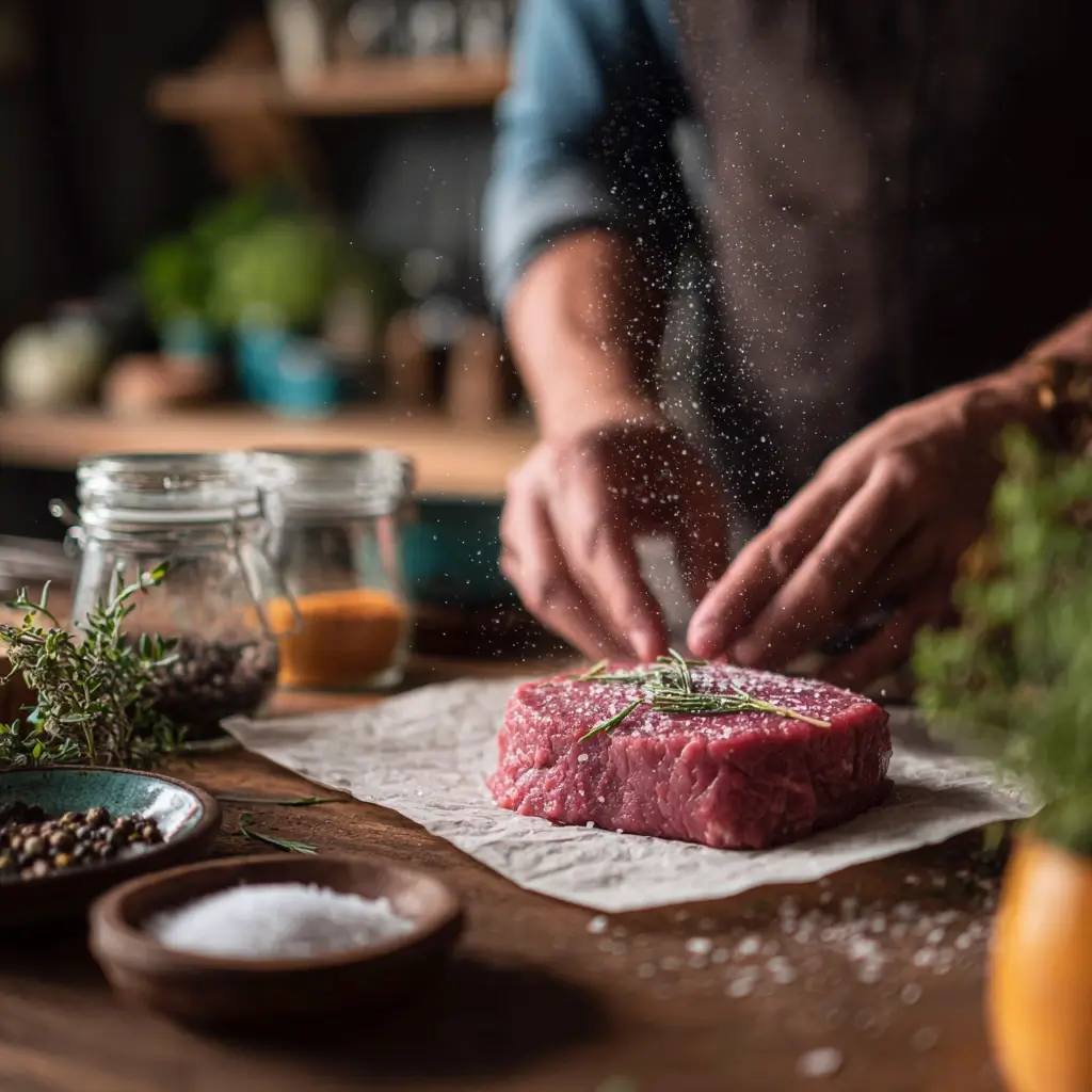 Steak wird vor dem Braten mit Küchenpapier abgetupft