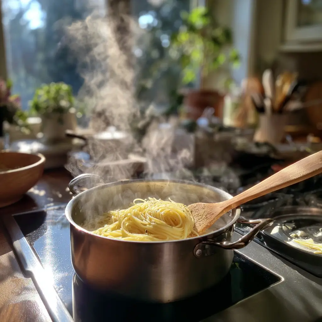 Spaghetti für spaghetti mit garnelen werden im Topf gekocht