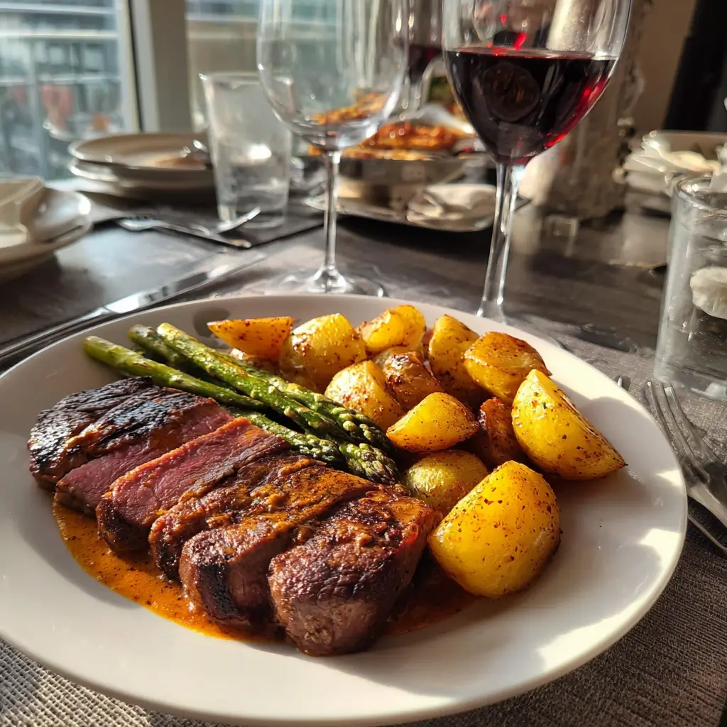Sirloin steak mit Zucchini Nudeln und gebratenen Pilzen