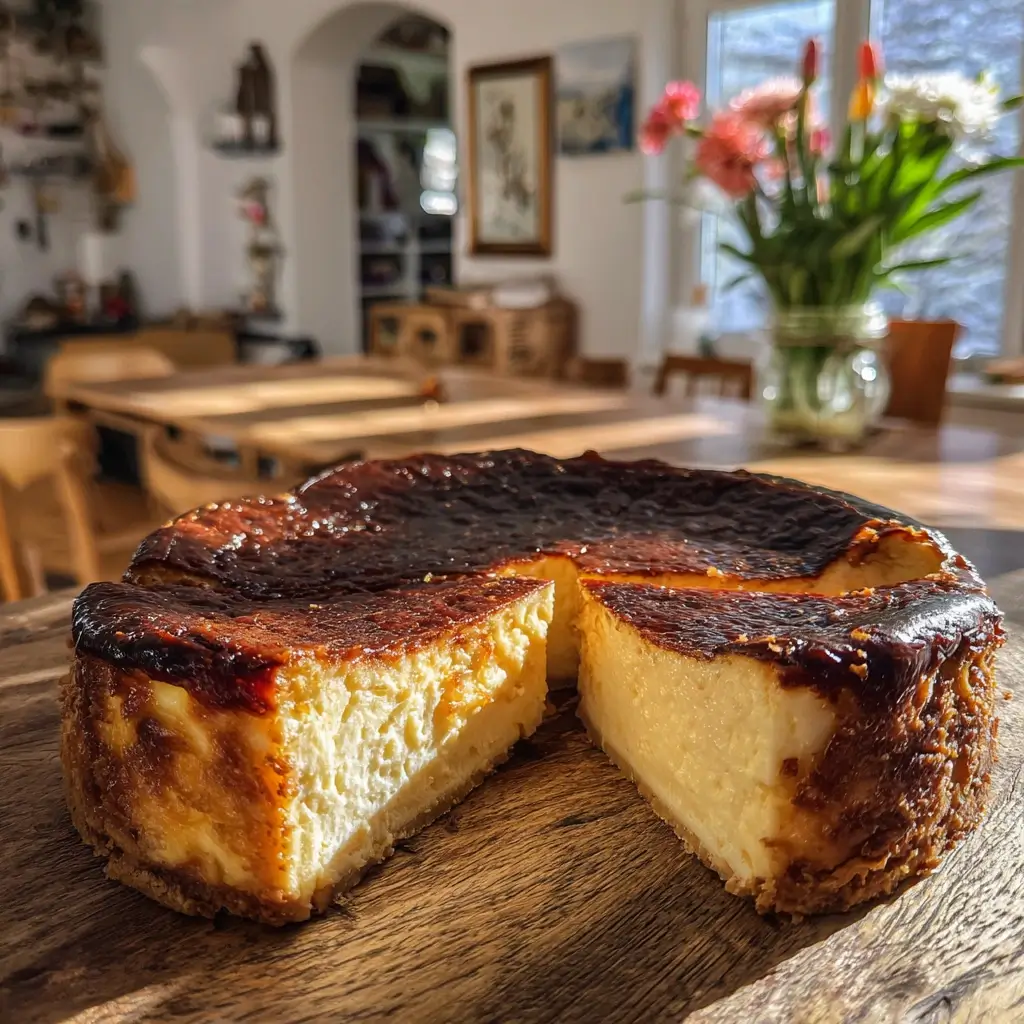 San Sebastian Cheesecake mit karamellisierter Kruste und cremigem Inneren auf Holztisch, im Hintergrund eine helle Küche mit Blumen.