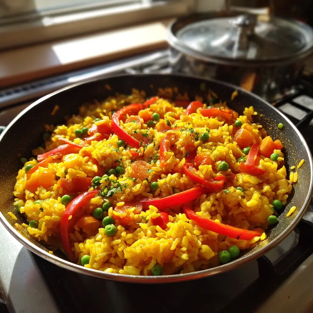 Paella Pfanne mit klassischer spanischer Paella auf einem Tisch im Freien