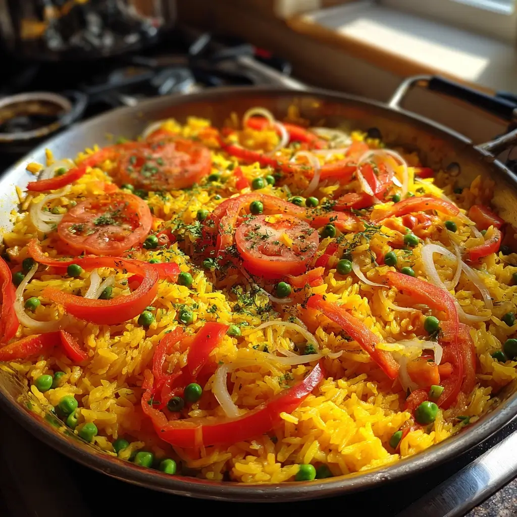 Safranreis mit Gemüse kocht in einer Paella Pfanne