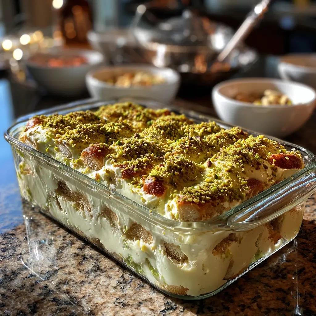 Pistazien Tiramisu Schichten mit Creme und Löffelbiskuits in einer Glasschale.