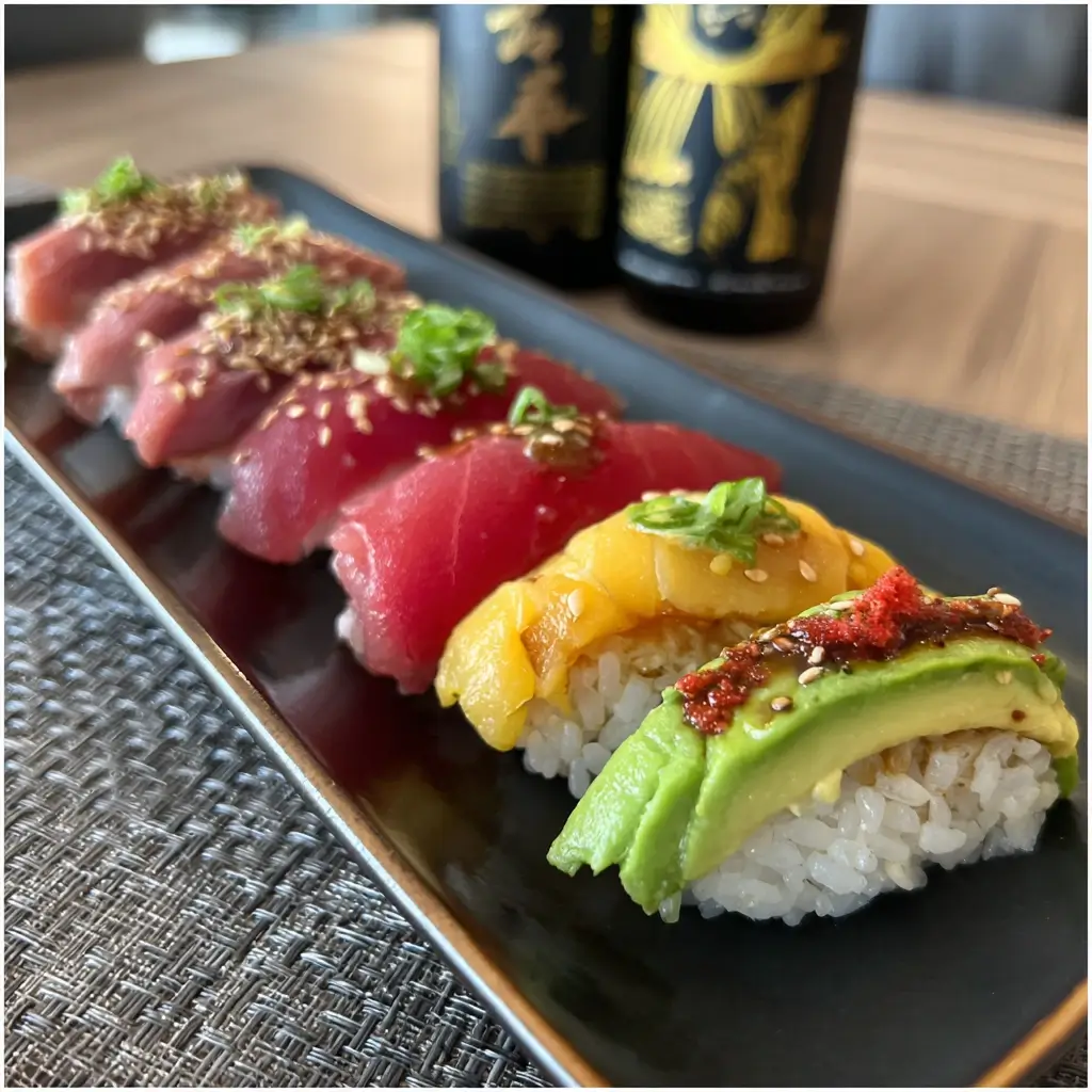 Drei Arten von Nigiri – klassisch, mit Avocado und flambiert – sushi rezept für kreative Varianten.