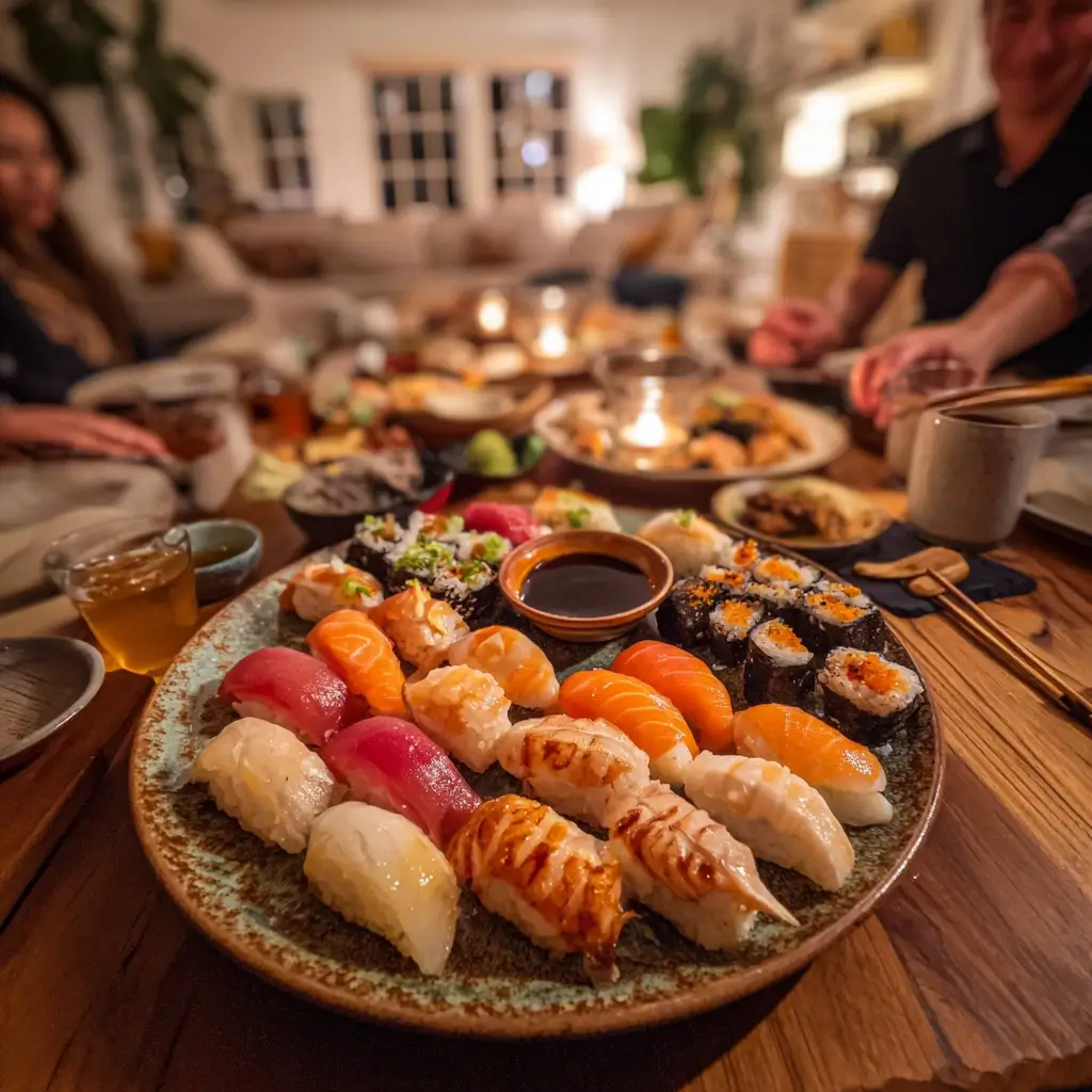 Nigiri Sushi Serviervorschlag mit Sojasauce und Ingwer