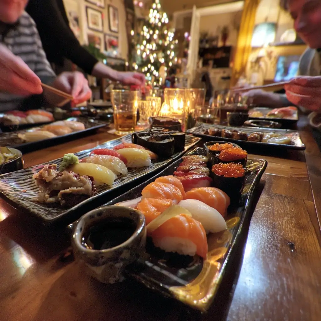 Sushi Nigiri Platte mit Lachs, Thunfisch und Garnelen auf japanischem Teller