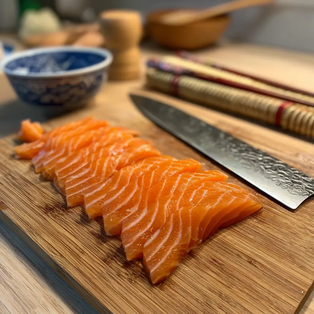 Frischer Lachs wird für sushi nigiri in dünne Scheiben geschnitten