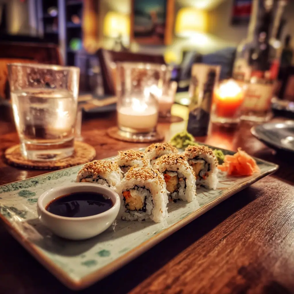 Saki maki sushi angerichtet auf dunklem Teller mit Sojasauce