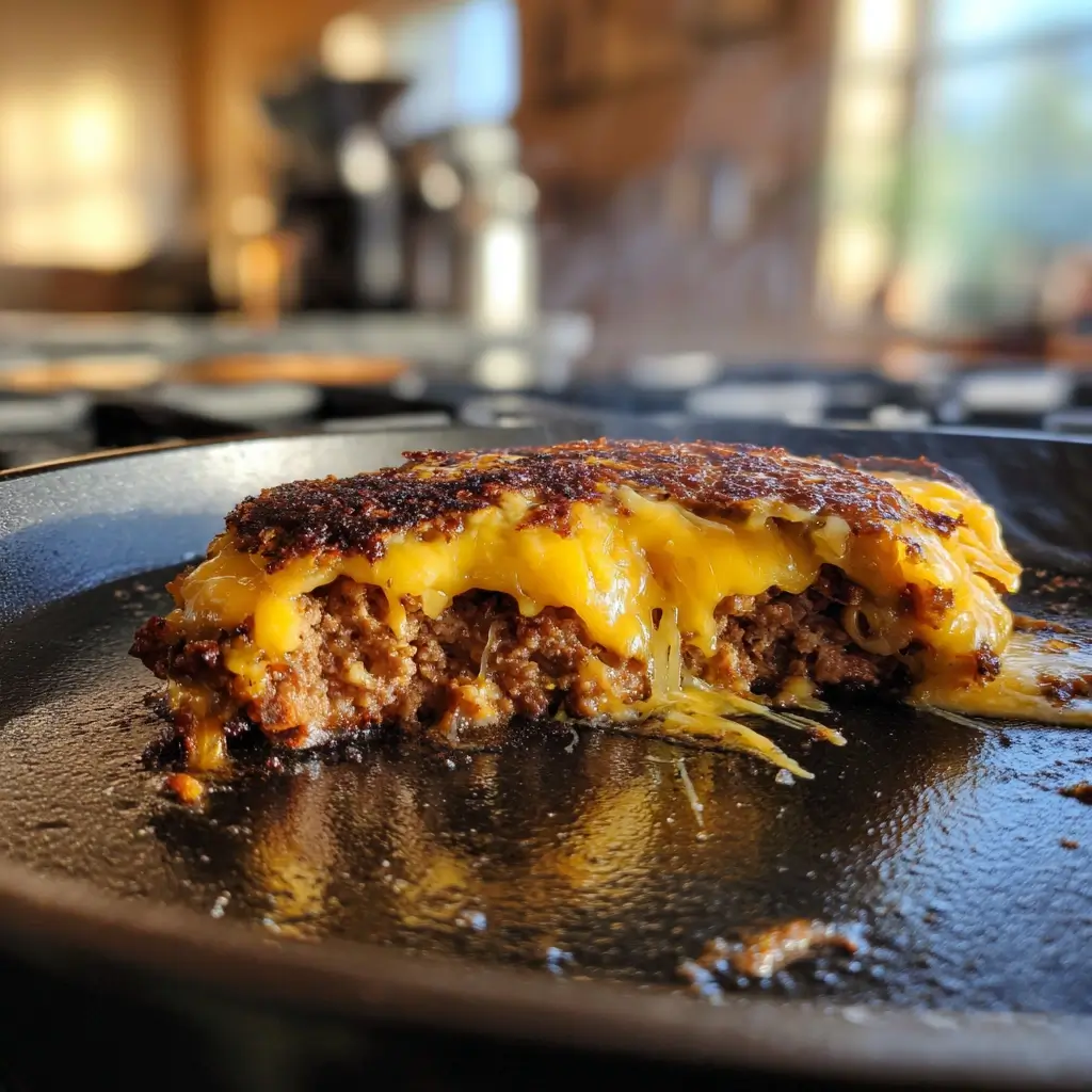 Geschmolzener Cheddar auf smashed burger Patty in Pfanne