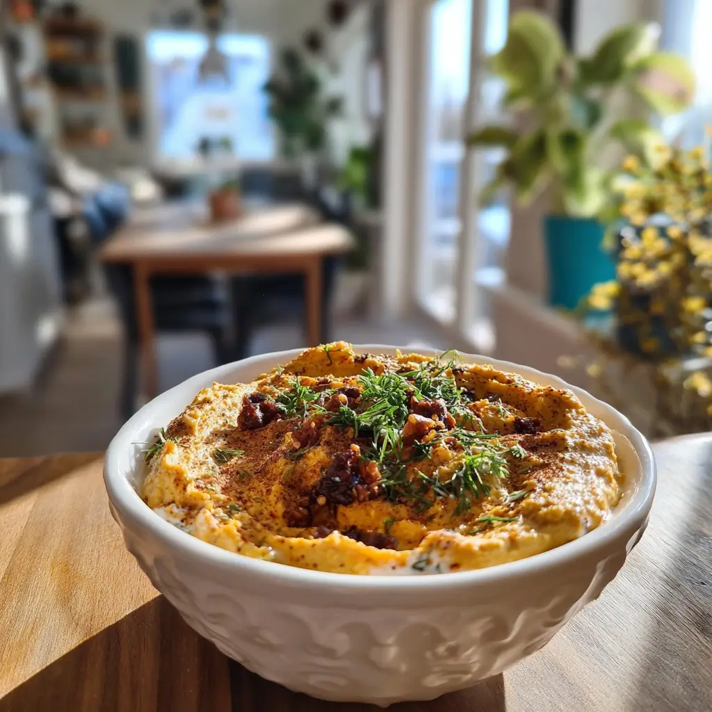 Dattel Curry Dip frisch angerichtet in weißer Schale