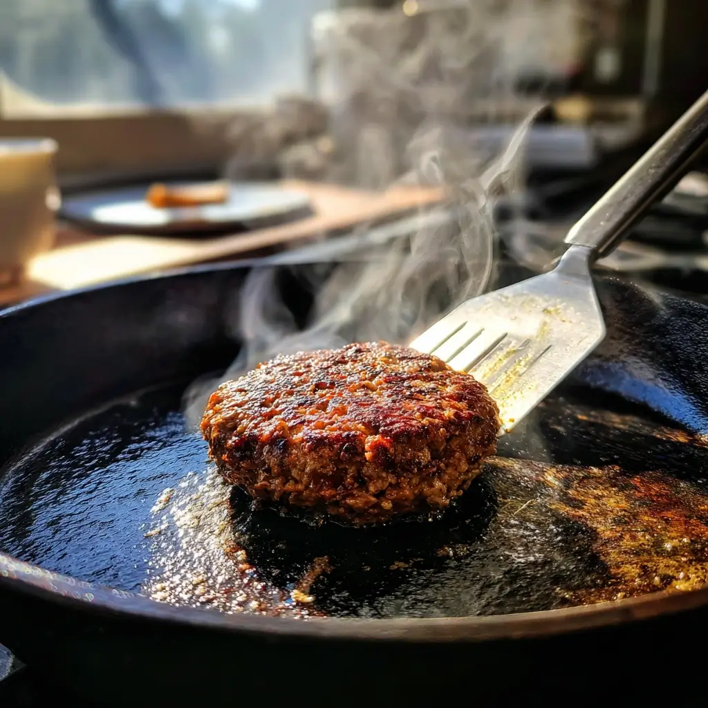 Spatel drückt Fleischbällchen zu flachem smashed burger Patty in heißer Pfanne