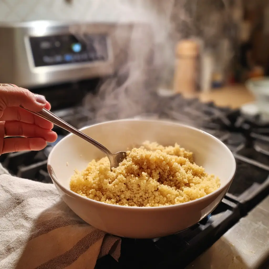 Couscous Rezept Zubereitung, heiße Brühe wird über Couscous in einer Schüssel gegossen