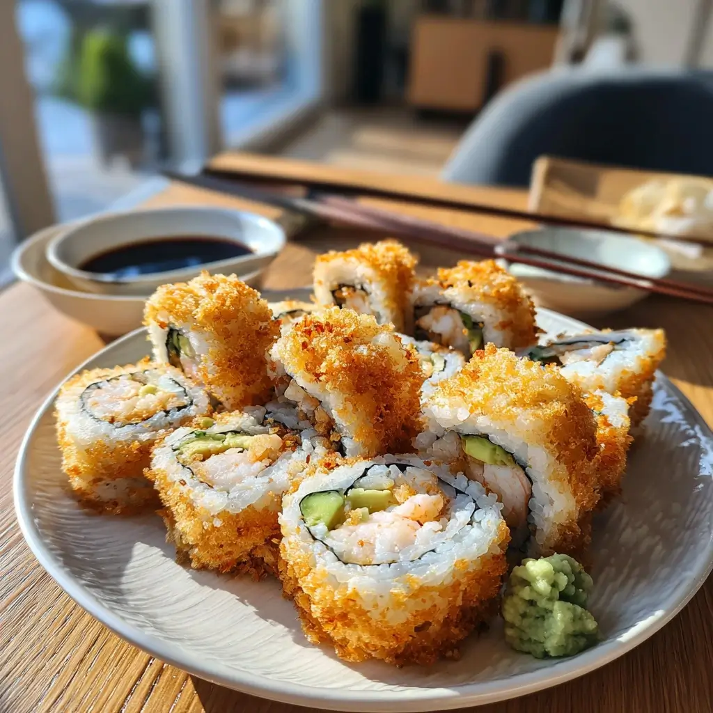 Frisch geschnittene tempura sushi Rollen auf Holzbrett, goldene Kruste sichtbar.